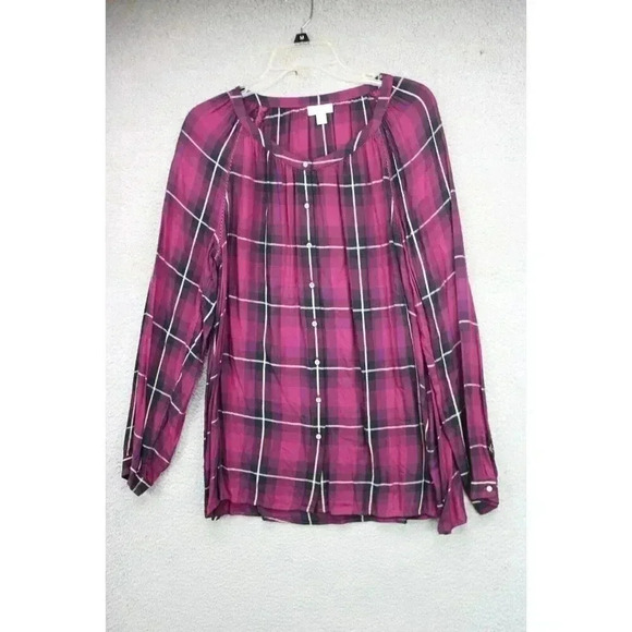 J. Jill Purple Plaid Button-Up Tunic Top-Size Large-Hi Lo - Picture 1 of 10